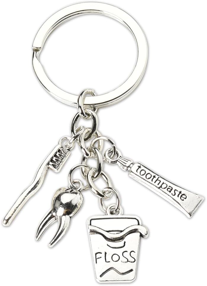 Dental Hygienist Gifts for Women Men Dentist Dental Assistant Gifts for Coworkers Best Friend Students Graduation Birthday Gift Toothbrush Toothpaste Silver Keychain Dental Floss Pendant Keyring