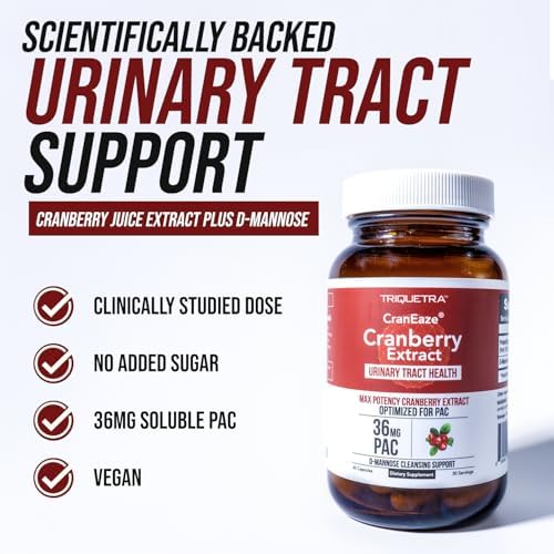 CranEaze®: Cranberry Juice Extract Plus D-Mannose – 36 mg PAC, 100% Soluble PAC - Supports Urinary Tract Health – Most Effective Cranberry Pills for Women, UTI Cranberry Supplement - 60 Capsules