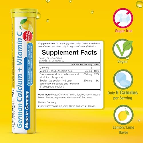 German Calcium + VIT. C - 240 Vegan Drink Effervescent Tablets - Lemon Lime Flavor - Made in Germany