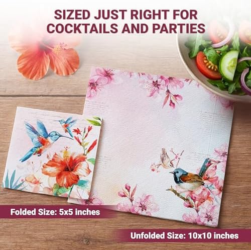 Decorably 100 Pack 3-Ply Disposable Cocktail Bird Napkins for Decoupage - 5x5in Folded Square 2 Designs for Beverage, Appetizers, Dinner, Tea & Garden Party, Bridal and Baby Shower, Birthday, Wedding