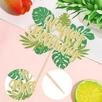 1 PCS Tropical Leaves Cake Topper Green Glitter Happy Birthday Cake Pick Jungle Palm Leaf Cake Decoration for Tropical Leaves Theme Baby Shower Kids Birthday Party Cake Decorations Supplies