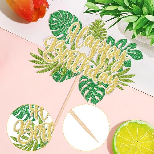 1 PCS Tropical Leaves Cake Topper Green Glitter Happy Birthday Cake Pick Jungle Palm Leaf Cake Decoration for Tropical Leaves Theme Baby Shower Kids Birthday Party Cake Decorations Supplies