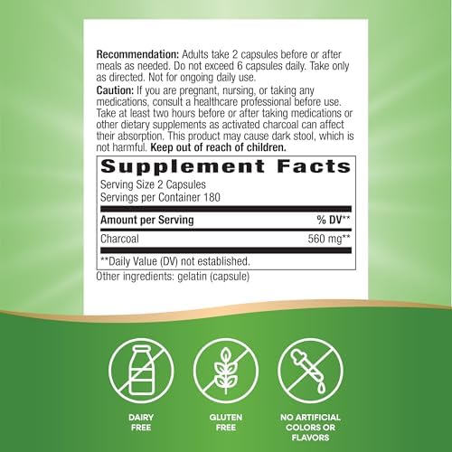 Nature's Way Activated Charcoal, Binds Unwanted Materials and Gas in the Digestive Tract*, 560 mg per 2-Capsule Serving, 360 Capsules (Packaging May Vary)