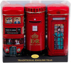 New English Teas British Souvenir 3x Tea Tins with 42 English Breakfast Teabags - Post Box, London Bus, Telephone Box, UK Foods