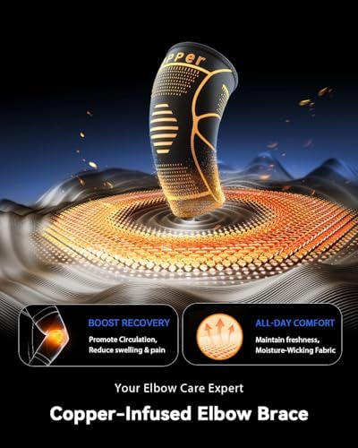 Copper-Infused Elbow Brace for Tendonitis and Tennis Elbow [Medical-Grade ＆ Stronger Support] Elbow Compression Sleeve with Adjustable Strap for Arthritis, Golfers, Bursitis, Elbow Pain Relief, Weightlifting, Fit for Men & Women