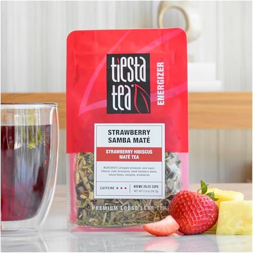 Tiesta Tea - Strawberry Samba Mate, Loose Leaf, Strawberry Hibiscus Mate Tea, High Caffeinated Fruit Blend, Make Hot or Iced Up to 25 Cups, 2 oz Resealable Pouch
