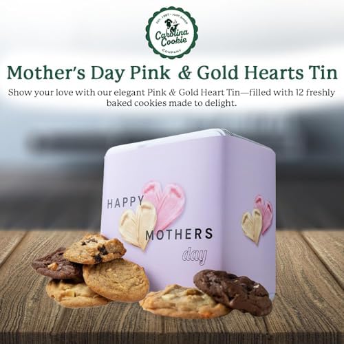 Carolina Cookie Company Pink & Gold Hearts Mother’s Day Cookie Tin, 12 Assorted Gourmet Cookies, Gift for Mom