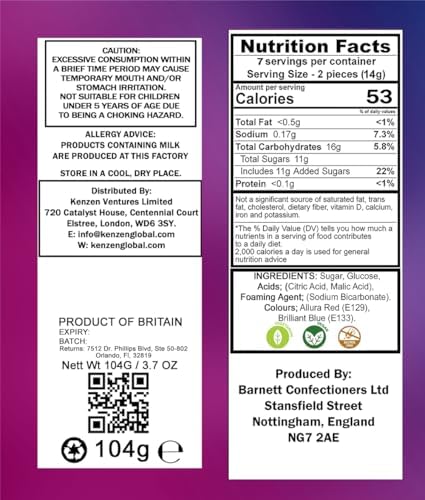 Barnetts - Mega Sour Candy Bubblegum 104g - Trendy Sweet Bags - Traditionally Handmade Sweets - Sour Coating Lasts 20 Seconds - Candies for Party Bag, Gift Hamper, or Hamper Box