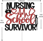 Nursing School Survivor Cake Topper, 2026 Congrats Nurse Grad Graduation Cake Decor, Future RN/Big BSN Energy Graduation Party Decorations Supplies, Red and Black Glitter