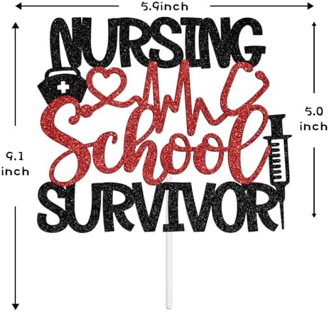Nursing School Survivor Cake Topper, 2026 Congrats Nurse Grad Graduation Cake Decor, Future RN/Big BSN Energy Graduation Party Decorations Supplies, Red and Black Glitter