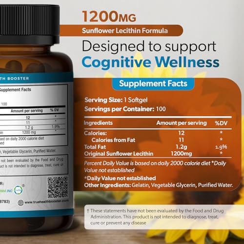 Organic Sunflower Lecithin 1200mg – Soy-Free Lecithin Supplement for Brain, Heart, Nerve & Liver Support, Cognitive Health, Non-GMO – 100 Softgels (Made in USA)