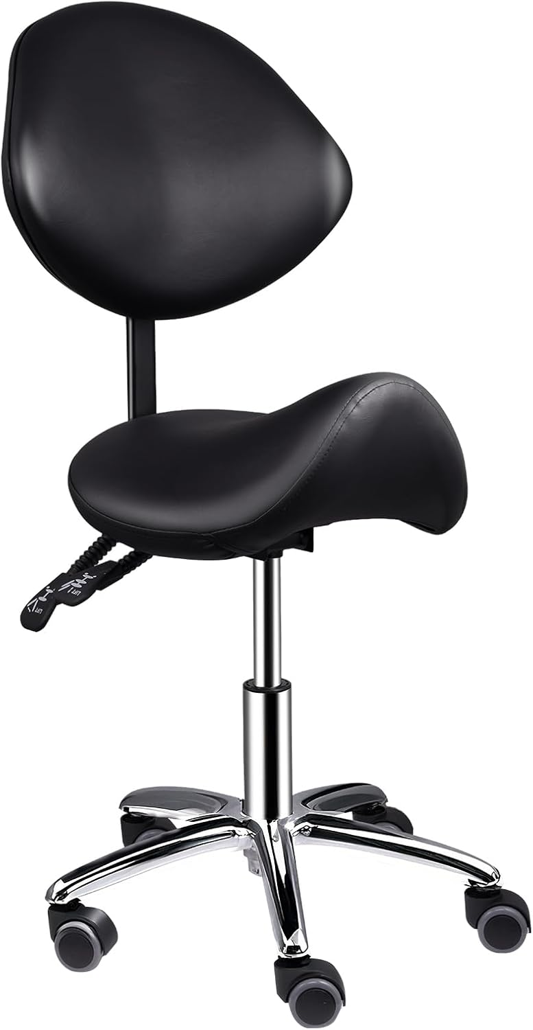 Saddle Stool with Back Support, 400lbs Saddle Chair - Back Adjustable Salon Stool with Wheels, Swivel, Wide Thick Seat Padding, Heavy Duty Rolling Seat for Home Office Clinic Dentist(Black)