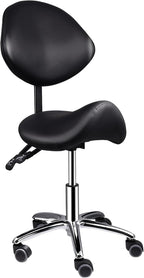 Saddle Stool with Back Support, 400lbs Saddle Chair - Back Adjustable Salon Stool with Wheels, Swivel, Wide Thick Seat Padding, Heavy Duty Rolling Seat for Home Office Clinic Dentist(Black)