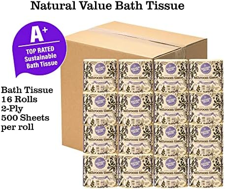 Natural Value 100% Recycled Bathroom Tissue, 500 2-Ply Sheets Per Roll (16 Rolls) Free of Dyes, Fragrance, No Chlorine Bleach, Made utilizing continuously recycled water, A+ by NRDC
