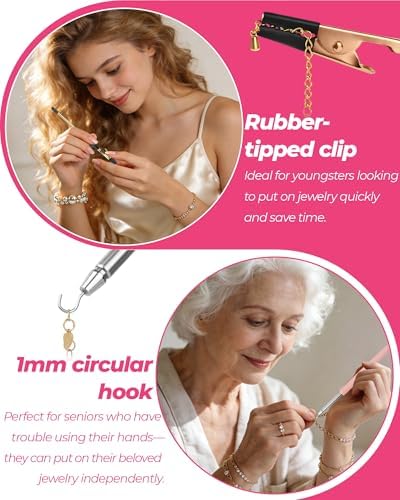 4 PCS Bracelet Helper Tool, Quick Release Fastener Helpers Tool Hooks for Necklace, Jewelry, Watch, Portable Bracelet Assistance Tool to Put on Yourself, Clip, Clasp Helper with Non-Slip Rubber Tips.