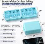 Foldable Weekly Pill Organizer 2 Times a Day with 2 Extra Compartments (Clear Printed Labels) - Portable 7 Day AM PM Medicine Box, Week Daily Travel Pill Case Holder for Vitamin, Supplement - Sky Blue