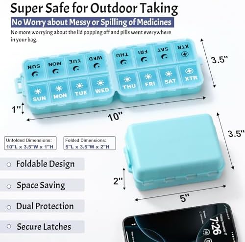 Foldable Weekly Pill Organizer 2 Times a Day with 2 Extra Compartments (Clear Printed Labels) - Portable 7 Day AM PM Medicine Box, Week Daily Travel Pill Case Holder for Vitamin, Supplement - Sky Blue