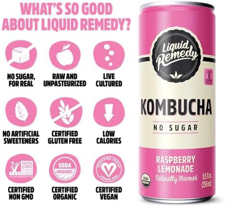 Liquid Remedy Kombucha Sugar Free Organic Drink, Low Calorie, Probiotic Like Tea for Gut Health - Raspberry Lemonade - 8.5 Fl Oz Can, 24-Pack
