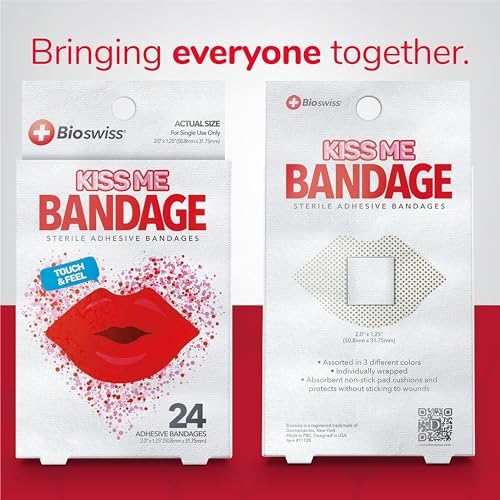 BioSwiss Bandages, Lips Shaped Self Adhesive Bandage Set, Latex Free, Sterile Wound Care, 24 Count