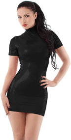 Wet Look PVC Leather Short Sleeve Bodycon Pencil High Half Neck, Mini Dress,