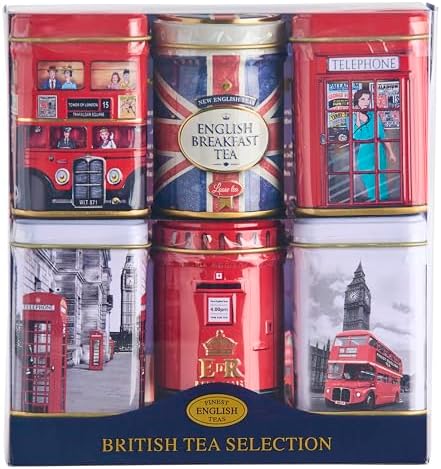 New English Teas British Icons 6x Tea Tin Gift Pack with 140g Loose English Tea - Union Jack, London Bus and Phone Box, UK Souvenir