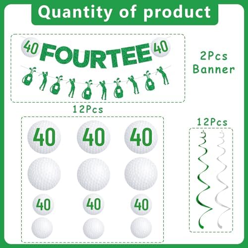 Gameza 40th Birthday Party Decorations, 14PCS Golf Birthday Banner Hanging Swirls Decoration Women Men, Glitter Fourtee Theme Bday Party Decor Supplies