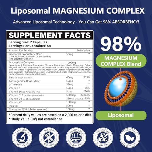 2 Pack 29-in-1 Liposomal 18 Active Types Magnesium Complex 1400MG Capsule,L-Threonate Glycinate Malate etc,Mild & Efficient,Extra Vitamin B6 B12 D3K2 & CoQ10, Relaxation Nerve* & Hert* Support