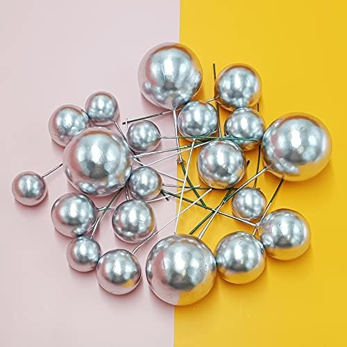 20 PCS Mini sliver Balls Cake Decorations Pearl Ball Cake Toppers for Wedding Anniversary Birthday Baby Shower Decoration
