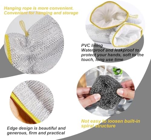 2PCS Dishwashing Gloves Silver and 2PCS Stainless Steel Melon Shape Steel Wire Ball(white/gray rope)