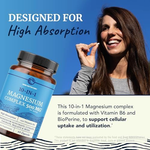 10 in 1 Magnesium Complex Supplement 500MG | Magnesium Citrate, Mag Glycinate, Malate & More | High Absorption Mag Complex with Vitamin B6 | Bone, Muscle & Heart Health Support | Non-GMO | 60 Ct.