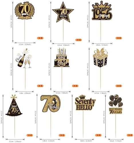 Rsstarxi 40 Pack Happy 70th Birthday Cupcake Toppers Cheers to 70 years Cupcake Picks 70th Birthday Decorations for Women Men 70th Anniversary Black and Gold Wedding Party Cake Decorations Supplies