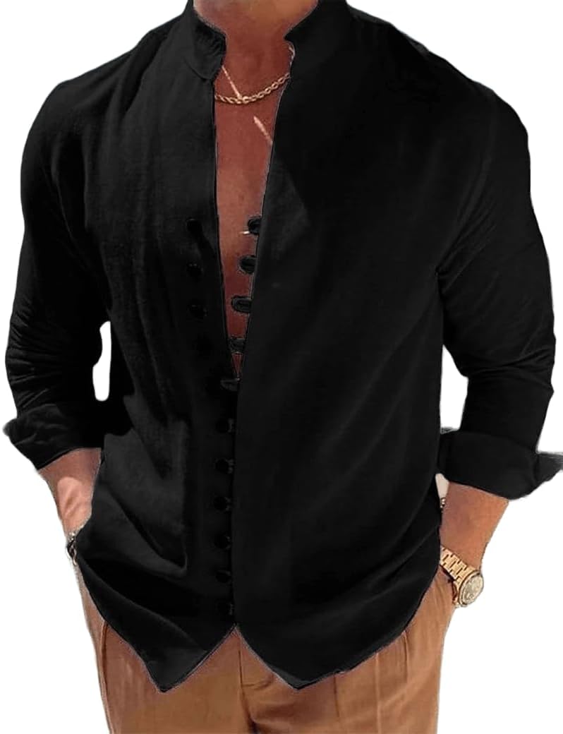 Mens Long Sleeve Shirt Button Down Loose Fit Vintage Shirts Banded Collar High Elastic Tops Henley Shirt