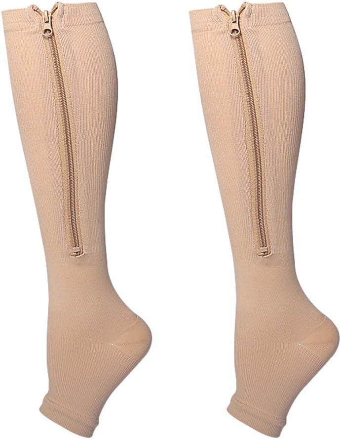 1 Pair Plus Size Compression Socks with Zipper for Women Men, Open Toe Support Socks for Varicose Veins