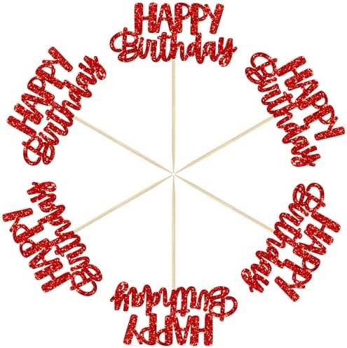 Gyufise 24pcs Happy Birthday Cupcake Toppers - Glitter Cupcake Food Picks for Celebrating Theme Party Cake Decorations - Red