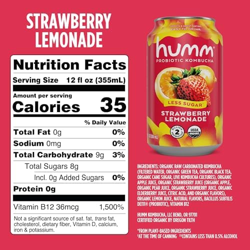 Humm Kombucha Strawberry Lemonade, Organic, Vegan & GMO Free (12 Pack)