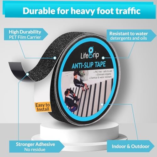 Lifegrip Anti Slip Traction Tape, 1 Inch x 15 Foot Friction Tape - Best Grip, Abrasive Adhesive for Stairs, Tread Step, Indoor, Outdoor (Friction Tape, 1" X 15')