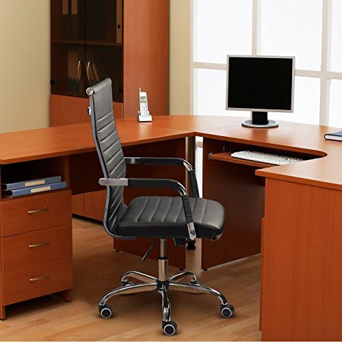 Furmax Ribbed Office Desk Chair Mid-Back PU Leather Executive Conference Task Chair Adjustable Swivel Chair with Arms (Black)