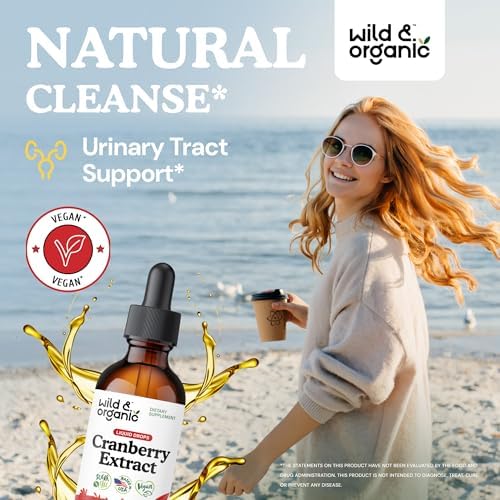Wild & Organic Cranberry Supplement Drops - Urinary Tract Support for Women & Men - Pure Cranberry Extract Liquid Supplement - Vegan, Sugar & Alcohol-Free Tincture - 2 fl oz