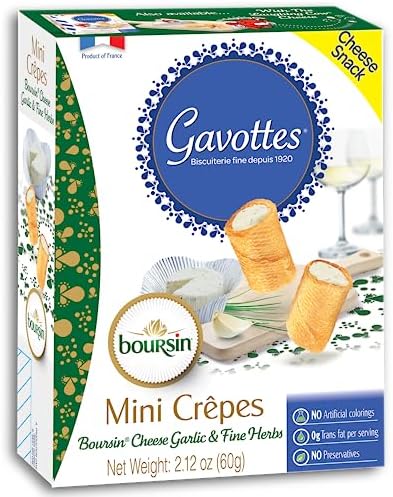 Gavottes French Boursin Cheese Filled Mini Crispy Crepes 2 Pack | Crepe Crackers with Boursin Garlic & Herb Cheese Filling | Ready to Eat Crispy Crepes Snack From France(2 Packs of 2.12oz/60g)