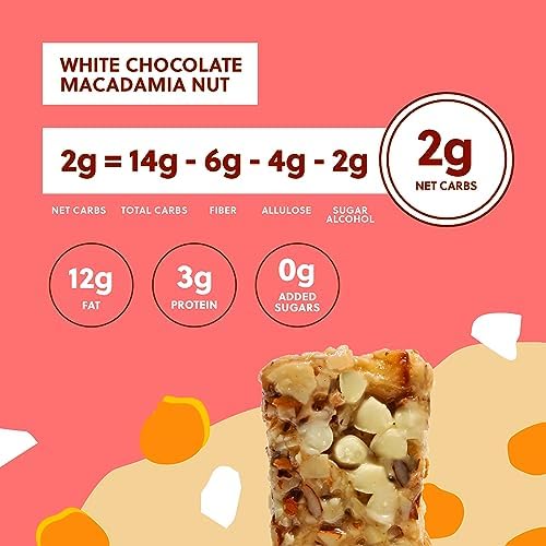 Perfect Keto Nola Bars, Gluten Free, Keto Granola Bars, Low Carb Snack or Breakfast Bar with No Sugar Added, Keto Diet Food, Healthy Snacks for Adults, 2g Net Carb, White Chocolate Macadamia, 8 Pack