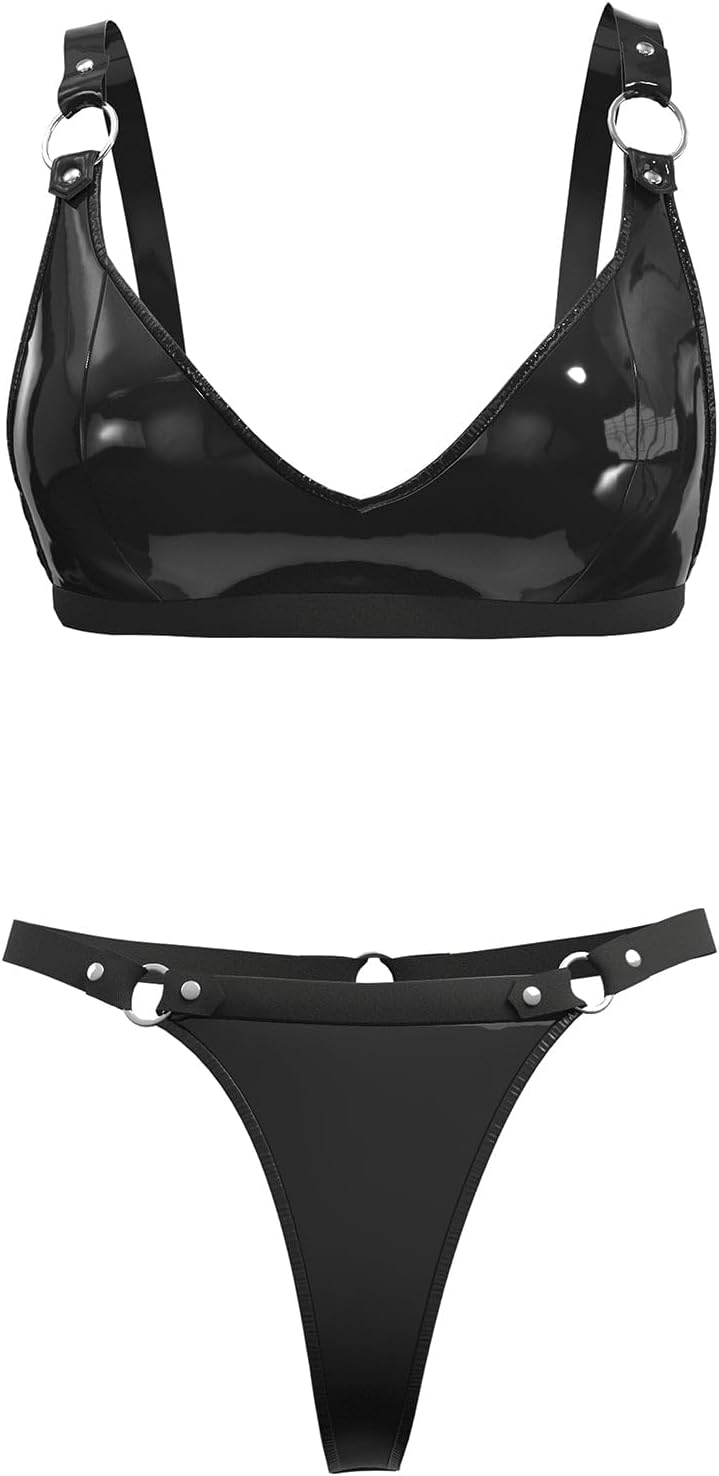 Women Sexy Leather Lingerie Set, High-Elastic Shorts, Glossy, Shiny Shaping Latex Bra Adjustable