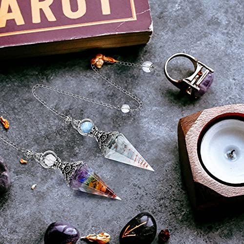 GEHECRST Natural 7 Chakra Healing Crystal Dowsing Pendulum Reiki Gemstone Chips Orgone Pendulum 6 Faceted Hexagonal Pointed Resin Spiritual Pendant for Divination, Wicca, Energy Balancing