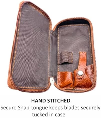 Parker Saddle‑Brown Leather Double Edge Safety Razor Case with Blade Compartment – Zip Travel Pouch