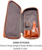 Parker Saddle‑Brown Leather Double Edge Safety Razor Case with Blade Compartment – Zip Travel Pouch