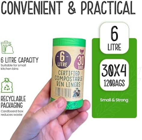 Eco Green Living 6 Litre Compostable Bin Liners – Plastic Free & Recyclable Caddy Bags for Food Waste, Leak Resistant Small Bin Liners, 36 x 66 cm - Quad Pack (120 Bags)