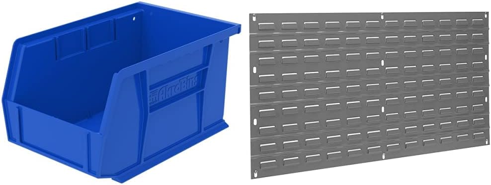 Akro-Mils 30237 AkroBins Plastic Storage Bin Hanging Stacking Containers, Blue, (12-Pack) & 30136 Louvered Steel Wall Panel Garage Organizer for Mounting AkroBin Storage Bins, Grey, (1-Pack)