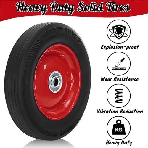 4 Pack Solid Rubber Tires, 8 Inch Flat Free Hand Truck Replacement Wheels with Ball Bearing 1/2-Inch Bore Axle Hole, Heavy Duty Garden Carts Replacement Tires for Wheelbarrow, Wagon (Black Red)
