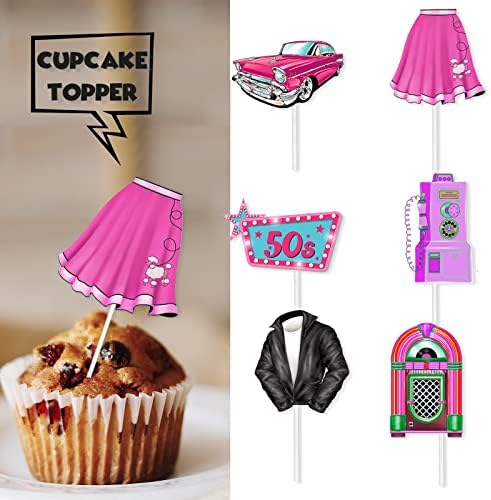 18pcs Pink Glitter Dessert Cupcake Topper Retro 50s Theme Theme Decor Supplies Happy Birthday Decorations