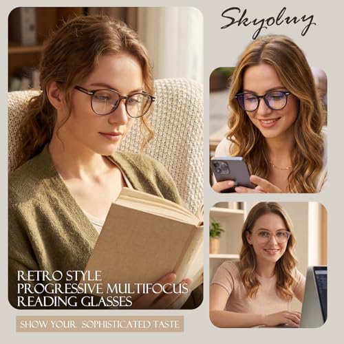 Distinctive Progressive Multifocus Reading Glasses Women, Retro Lady Anti Blue Light/Eye Fatigue Computer Reader, Vintage Round Frame No-Line Multifocal Eyeglasses (Black&Brown, 2.0x)