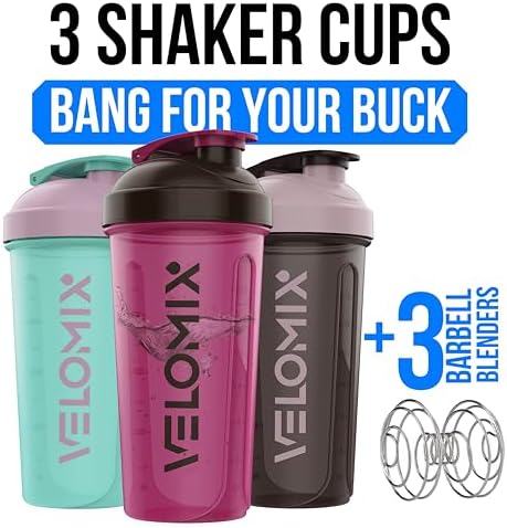 VELOMIX -3 PACK- 18 oz Protein Shaker Bottle for Protein Mixes - 3x Wire Whisk | Leak Proof Shaker Cups for Protein Shakes | Stackable Protein Shaker Bottle Pack | Dishwasher Safe